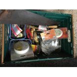 CARTON WITH RIP SAW & VARIOUS OTHER HAND TOOLS INCL; SMOKE ALARMS