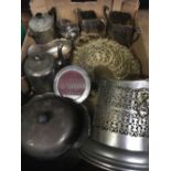 CARTON OF MIXED METALWARE INCL; WATER JUGS, COFFEE POT, BOTTLE STAND, LARGE BUTTER DISH, PICTURE