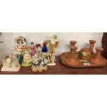 SHELF OF CHINA FIGURINES, POTTERY CANDLESTICKS ETC