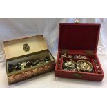 BOX OF BUTTONS & A RED JEWELLERY BOX WITH COSTUME JEWELLERY