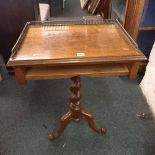 ANTIQUE MAHOGANY TABLE WITH BRASS GALLERY TOP & HEAVY BARLEY TWIST PEDESTAL TRIPOD LEGS