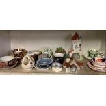 SHELF OF COLLECTORS CUPS & SAUCERS, VARIOUS POTTERY ETC
