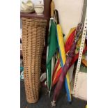 WICKER EEL BASKET, 3 GOLF UMBRELLA'S & 1 OTHER