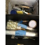 CARTON OF PAINT & DECORATOR RULERS, BRUSHES, SCISSORS JACK & OTHER TOOLS