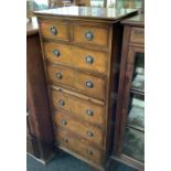 TALL NARROW YEW WOOD WELLINGTON CHEST OF 7 DRAWERS, 5 LONG & 2 SHORT & A DRAWER SLIDE WITH BRASS