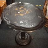 EBONISED OVAL TABLE WITH PEDESTAL LEG, PIE CRUST EDGING & HAND PAINTED TOP WITH M.O.P INLAY A/F