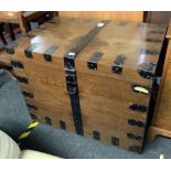 LARGE METAL BOUND OAK FITTED SILVER CHEST BY PAYNE & SON, OXFORD, 35'' WIDE, FLAT HINGED LID, FITTED