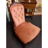 MAHOGANY FRAMED & PINK UPHOLSTERED BUTTON BACK NURSING CHAIR