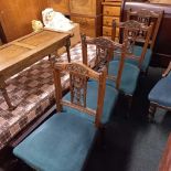 4 MAHOGANY CARVED BACK DINING CHAIRS WITH BLUE UPHOLSTERY