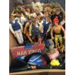 CARTON OF ACTION MAN FIGURES, BARBIE DOLL, MAHJONG GAME & QTY OF CLOTHING & WEAPONS
