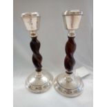 PAIR OF ARTS & CRAFTS JACOBEAN STYLE SILVER CANDLESTICKS, APPROX 19cm TALL, B'HAM BY J.R