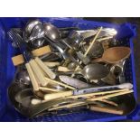CARTON WITH MISC PLATED CUTLERY, BONE HANDLED FORKS, CHOP STICKS & OTHER PLATED TEMS