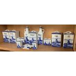 SHELF OF BLUE & WHITE DELFT STYLE KITCHEN CANISTERS ETC
