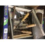 CARTON WITH MISC HAND TOOLS INCL; SAWS, WIRE BRUSHES, CHISELS