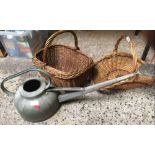 VINTAGE GALVANISED WATERING CAN WITH LONG SPOUT & 2 WICKER BASKETS WITH HANDLES