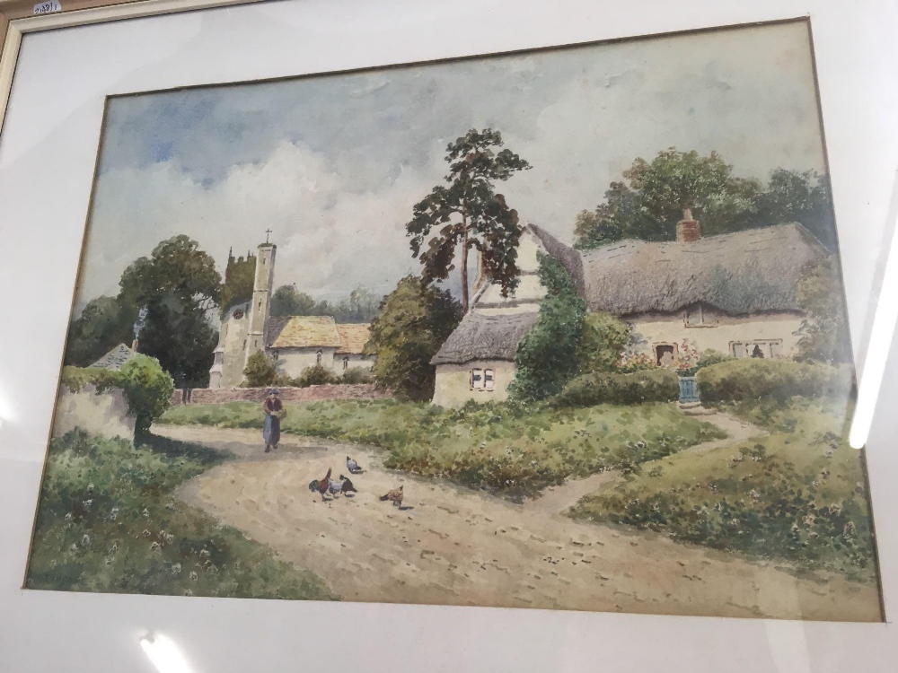 WATERCOLOUR, SIGNED F H TYNEDALE, COUNTRY VILLAGE SCENE OF A FIGURE FEEDING CHICKENS ON A TRACK. - Image 2 of 3