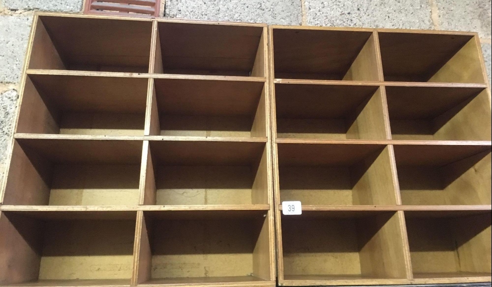 PAIR OF PIGEON HOLE UNITS IN PLYWOOD, EACH WITH 8 SECTIONS