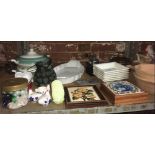 SHELF WITH TILE POT STANDS, COMMEMORATIVE SHREDDED WHEAT DISHES, 2 GREEN PATTERNED SOUP TUREEN,