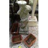 3 EARTHEN WARE POTS & A RE-CONSTITUTED STONE STATUE