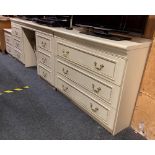 CREAM COLOURED & GILDED BEDROOM SUIT COMPRISING OF TWIN PEDESTAL DRESSING TABLE, 55'' LONG, CHEST OF