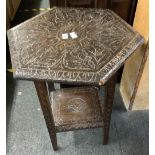 HEAVILY CARVED OAK HEXAGONAL 2 TIER COFFEE OR PLANT TABLE