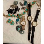 SMALL TUB OF MISC JEWELLERY INCL; 3 LADIES WATCHES, GOLD COLOURED BLUR STONE NECKLACE WITH