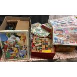 TIN WITH VINTAGE BUILDING BLOCKS, A TABLE CROQUET SET, TIN OF MARBLES, WOOD BUILDING BLOCKS & JIG