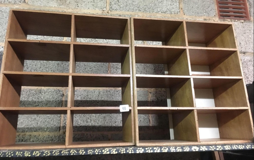 PAIR OF PIGEON HOLE UNITS IN PLYWOOD, WITH 8 SECTIONS EACH