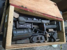 WOOD BOX WITH CAST IRON PARTS FOR A STEWART TURNER BEAM ENGINE, MISSING FLY WHEEL