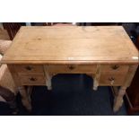 PINE DRESSING TABLE OR DESK WITH 5 DRAWERS, BRASS DROP HANDLES & HEAVY TURNED LEGS