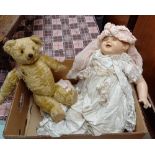 CARTON WITH VINTAGE DOLL, CLOTHING & ACCESSORIES, TEDDY BEAR A/F & OTHER DOLLS ETC