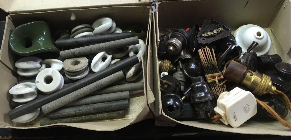 2 BOXES OF VINTAGE PLUGS & SOCKETS & SUPERIOR INSULATORS