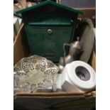 CARTON WITH GREEN METAL POST BOX, 4 CHAIR LEG RAISERS, MUSICAL BOX & PLATED WARE