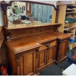 VICTORIAN LIGHT OAK BEVELLED EDGE MIRROR BACK ENCLOSED SIDEBOARD WITH CARVINGS & FINIAL'S 75''