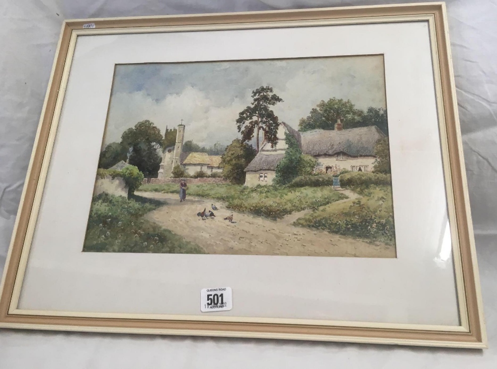 WATERCOLOUR, SIGNED F H TYNEDALE, COUNTRY VILLAGE SCENE OF A FIGURE FEEDING CHICKENS ON A TRACK.