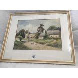 WATERCOLOUR, SIGNED F H TYNEDALE, COUNTRY VILLAGE SCENE OF A FIGURE FEEDING CHICKENS ON A TRACK.