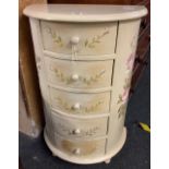 BOW FRONTED CHEST OF 5 DRAWERS, HAND PAINTED