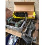 CARTON OF MISC TOOLS, A MITRE BOX & A MITRE SAW