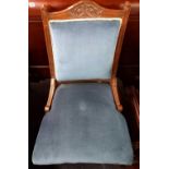 CARVED MAHOGANY BLUE UPHOLSTERED FIRESIDE CHAIR