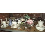 SHELF OF GLASS & CHINAWARE INCL; 2 CHINA CANDLESTICKS BY JOHNSON BROTHERS, WEDGWOOD SUGAR BOWL, CUPS