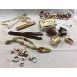 BAG OF MISC COSTUME JEWELLERY, GLOVE STRETCHERS & TRINKET BOX