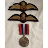 2 R.A.F EMBROIDERED BADGES & 1939 / 1945 WAR MEDAL