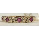 A RUBY & DIAMOND HALF HOOP RING SET IN 9ct GOLD, SIZE 'P'