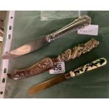 GEORGE JENSON SILVER PAPER KNIFE, BRASS ORIENTAL PAPER KNIFE, PORCELAIN HANDLE PAPER KNIFE