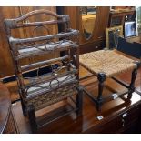 2 SMALL STRING TOP STOOLS & SMALL BAMBOO SHELF