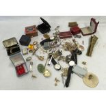 BAG WITH EMPTY JEWELLERY & RING BOXES, SOUVENIR SPOONS, COSTUME JEWELLERY & A BRASS CAT NUT CRACKER