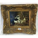 HEAVY GILT FRAMED OIL PAINTING OF COLLIE DOG & PUPPIES