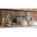 SHELF WITH QTY OF BRASS & GLASS HANGING LAMPS, 2 GIMBLE MOUNTED OIL LAMPS & OTHER LAMP FRAMES &