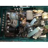 CARTON WITH DICTAPHONE MOTOR, ODD MOTORS & SMALL TRANSFORMERS, ALL A/F FOR SPARES