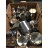 CARTON WITH MISC PLATEDWARE INCL; TANKARDS, SMALL TROPHY CUPS & PHEASANTS